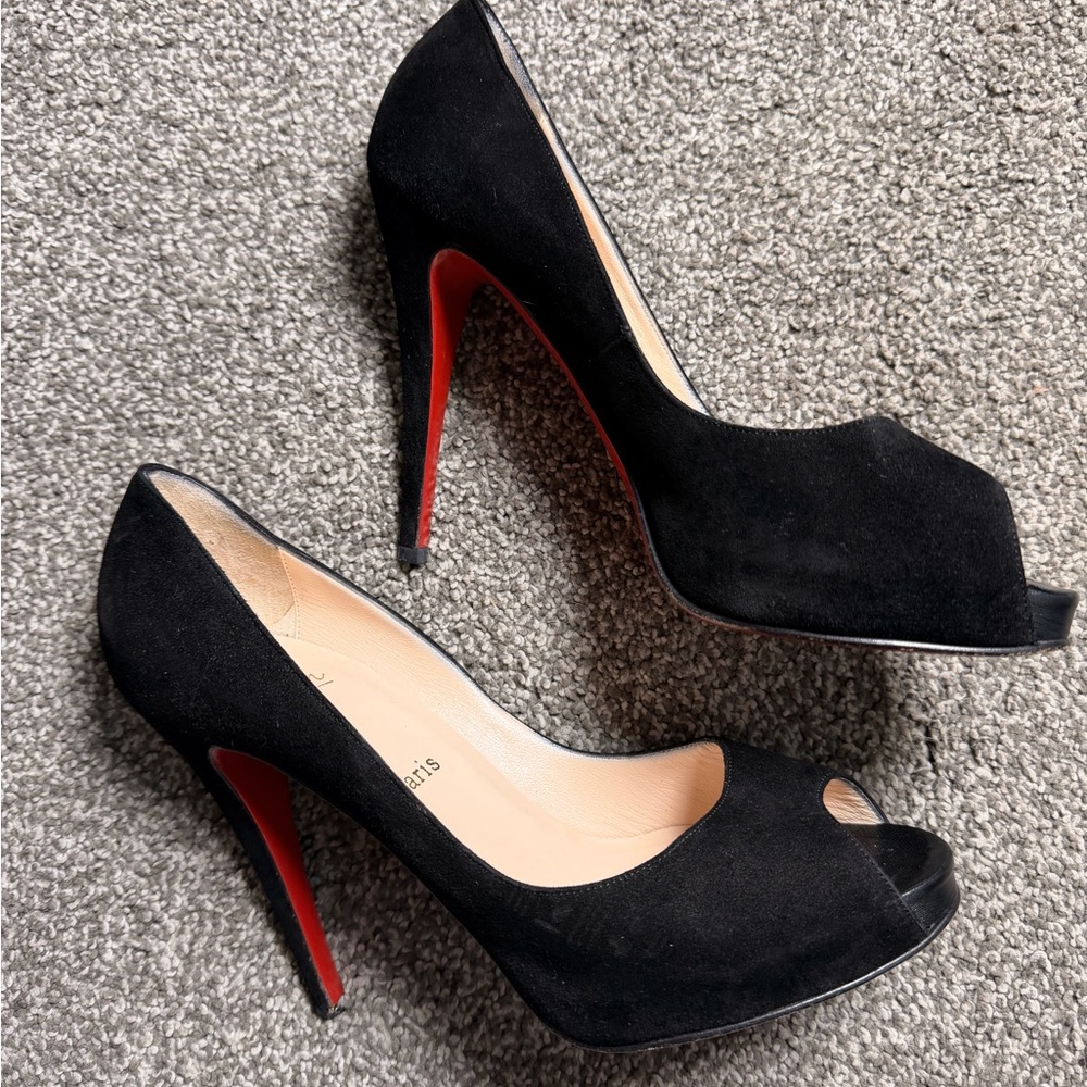 Christian Louboutin Black Suede Peep Toe Pumps | Red Sole Heels | size 40